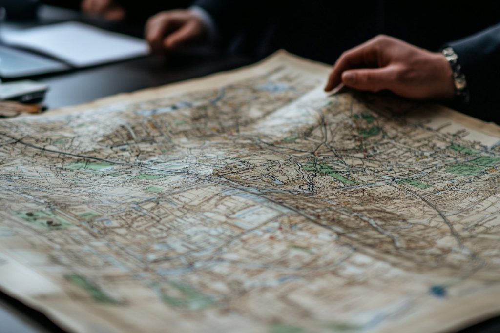 person wearing a suit pointing at a map on a table
