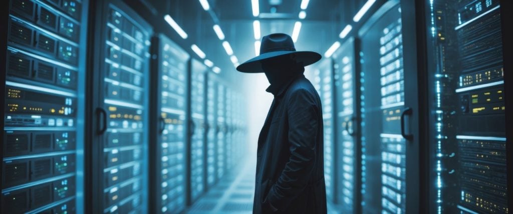 mysterious figure with a hat standing in the middle of a data centre
