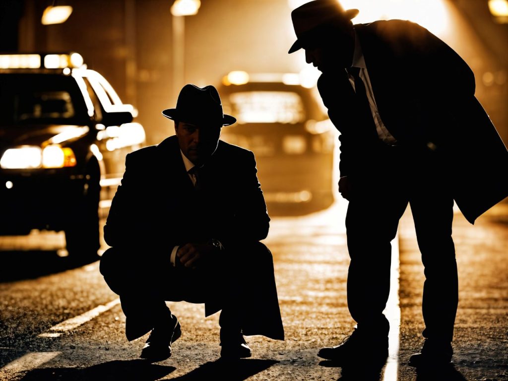 two mysterious figures wearing hat and trench coat