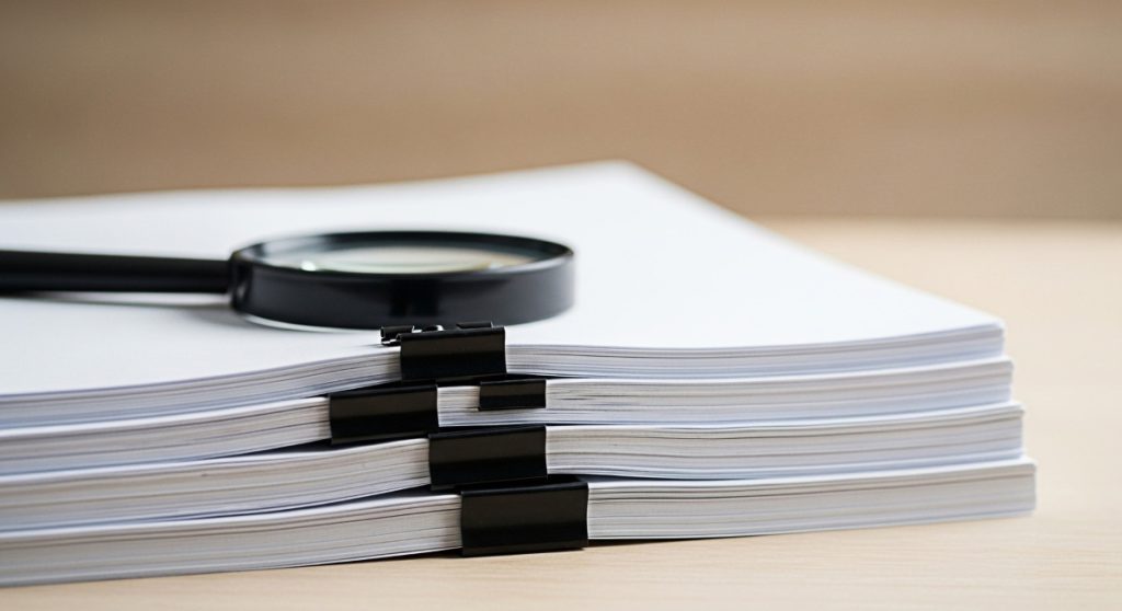 Stack of white papers secured with binder clips and a magnifying glass on a wooden desk